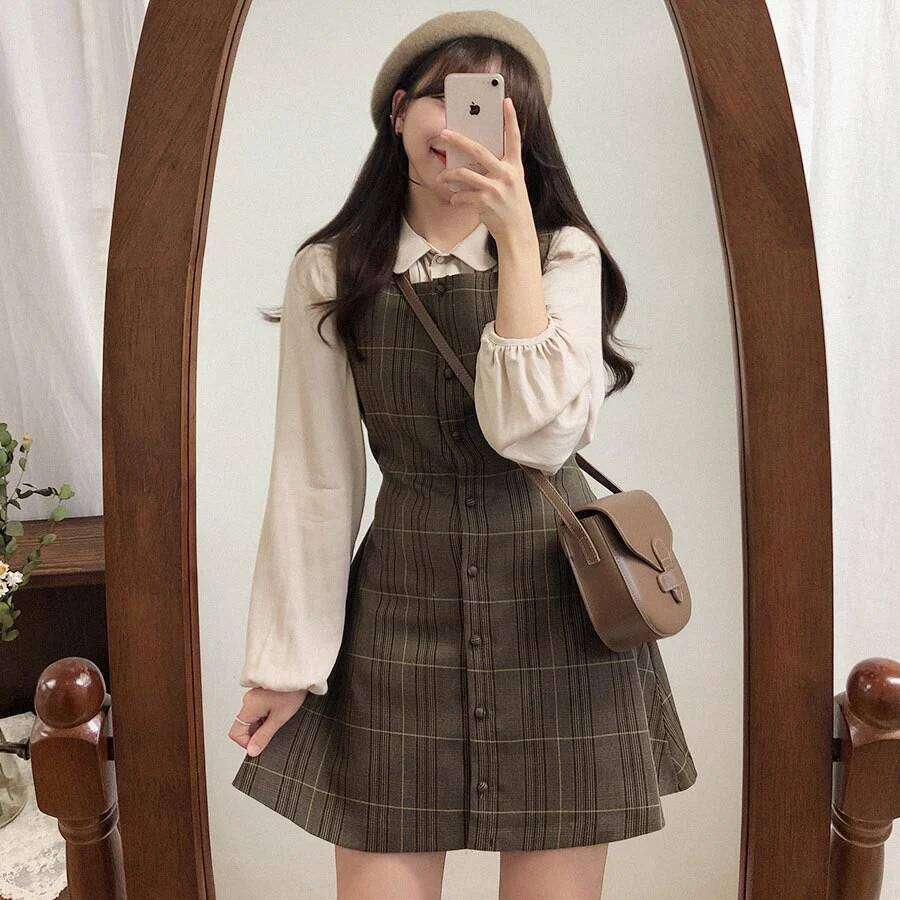 Preppy Sty Japan Girls Matching Outfits Date Lady Autumn Spring 2023 A Line Women Plaid Shirt Dress XJ260225