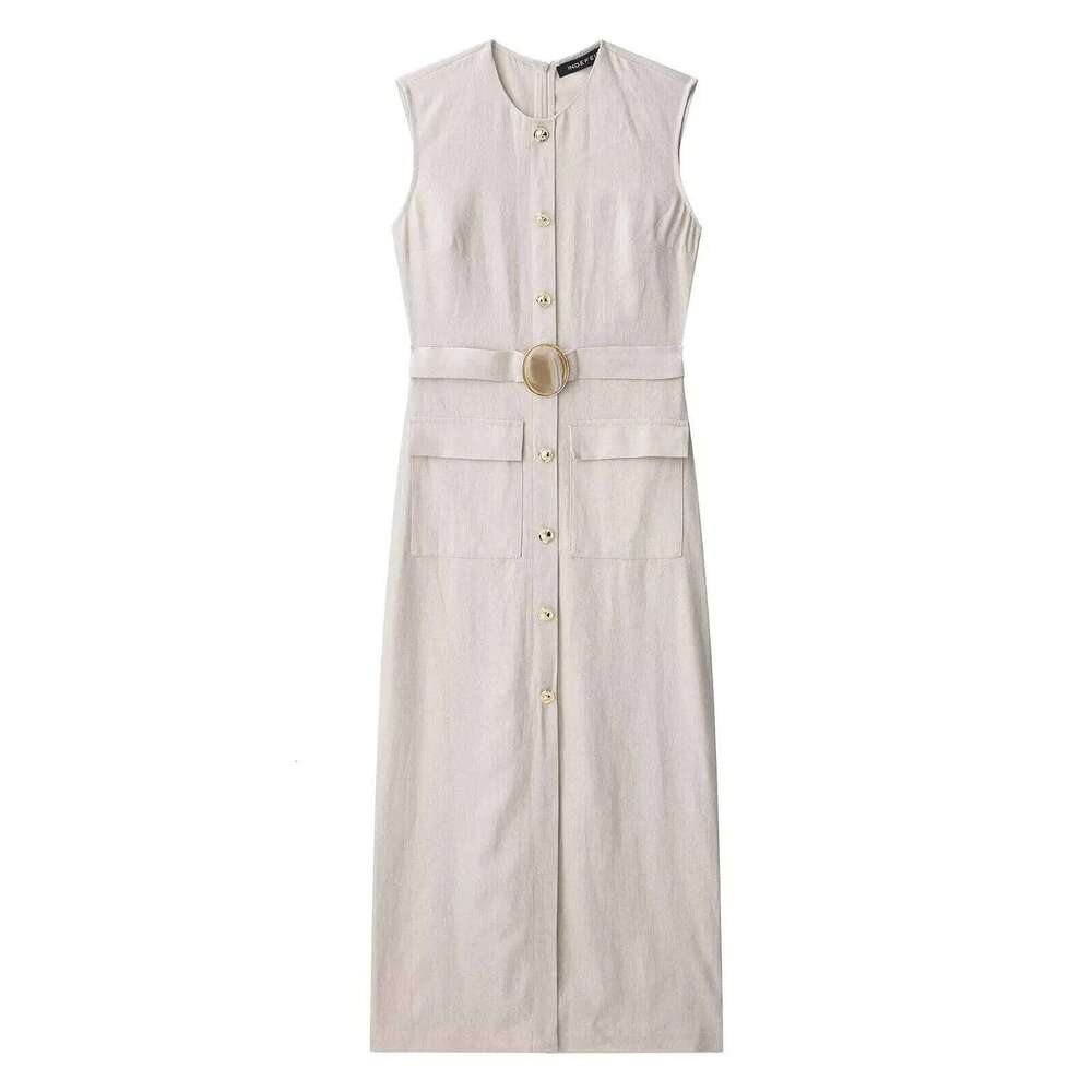Elegant Linen Blend Belted Sleeveless Midi for Women Office Workwear Summer Vest Dress XJ260225
