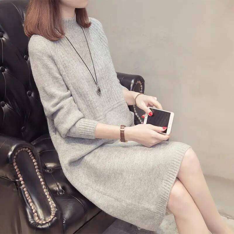 2023 Autumn and Winter Women's Pullover Half High Neck Sweater Solid Color Loose Mid Length Underlay Fashion Long Sleeve Dresses XJ260225