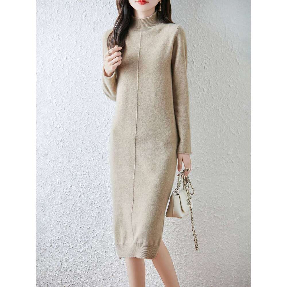 100% Merino Wool Turtleneck Autumn and Winter Knitted Long Knee-length Dress Women's Clothes 2025 New Style XJ260225