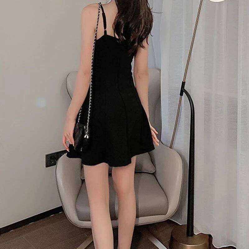 Elegant Spaghetti Strap Black for Women Sweet Sleeveless V-Neck Sling Dress Ladies Summer New A-Line Short Vestidos Mujer XJ260225