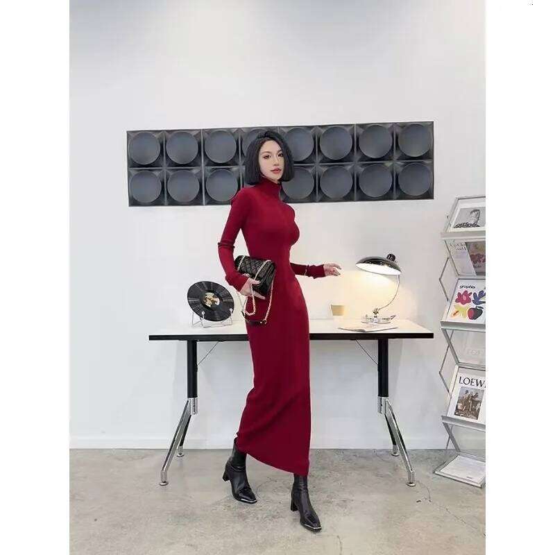 Tall Autumn Winter Turtleneck Sweater Long Sleeves Slim Base Knitted Dress Women XJ260225