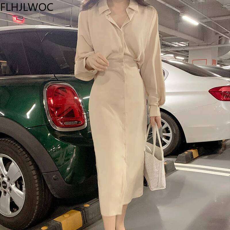 2024 Chic Korea Fashion Clothes Fenimine Vestidos Women Elegant Office Lady Vintage Single Breasted Button Solid Shirt Dress XJ260225