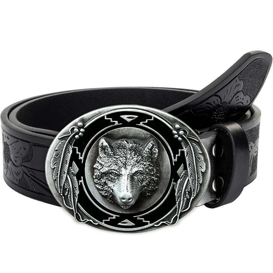 1pc men's Western style belt, wolf head, carved floral patterns and long horn decorations, retro style, great Valentine's Day gi Y260225