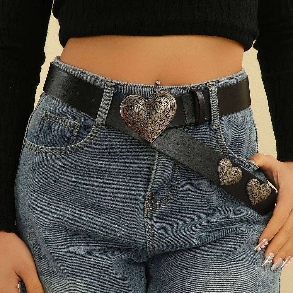 1pc women's black punk y2k engraved metal buckle heart-shaped tail jeans belt suitable for daily travel Y260225