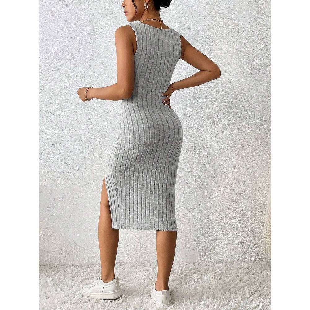 Women Summer Style Knitted Suspender Lady Sleeveless Square Collar Side Slit Skirt Dress Vestidos XJ260225