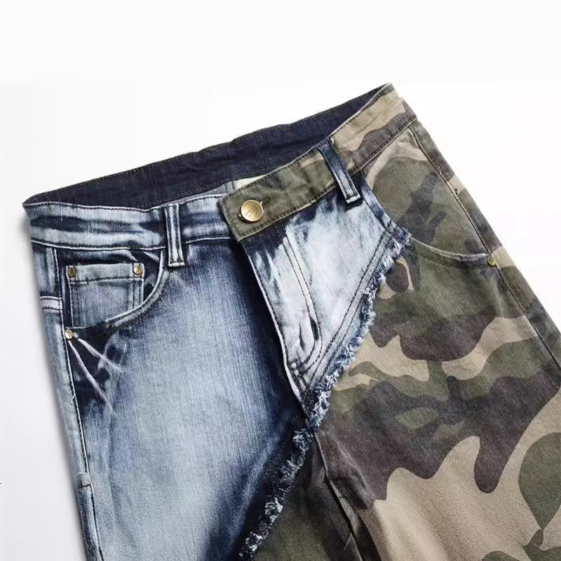 2026 New Designer Luxury Brand Men's Jeans Casual Fashion Slim Fit Elastic Camouflage Patch Color Blocked Men's Tight Jeans Can Be Wholesale