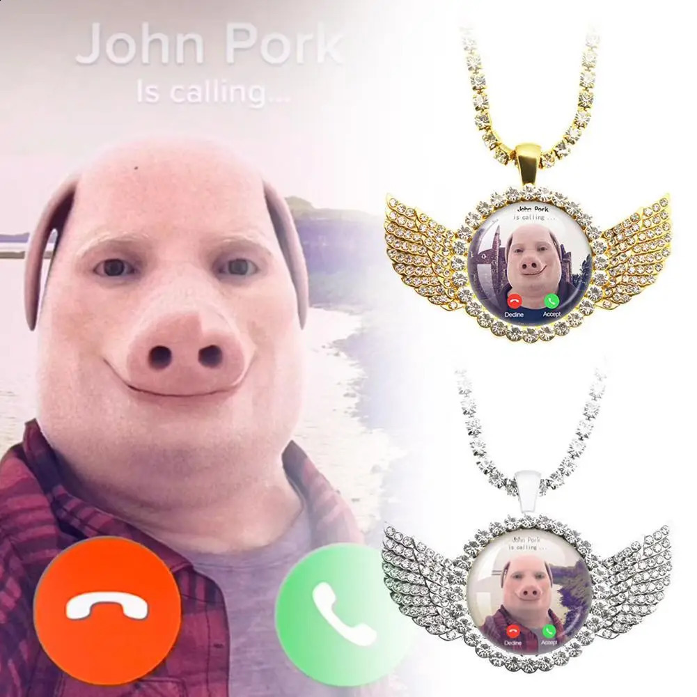 Angel Wings Pendant Necklace Jewelry For John Pork Is Calling Answer Call Phone Humor Funny Pig Lover Graphic The Moon Necklace 260120