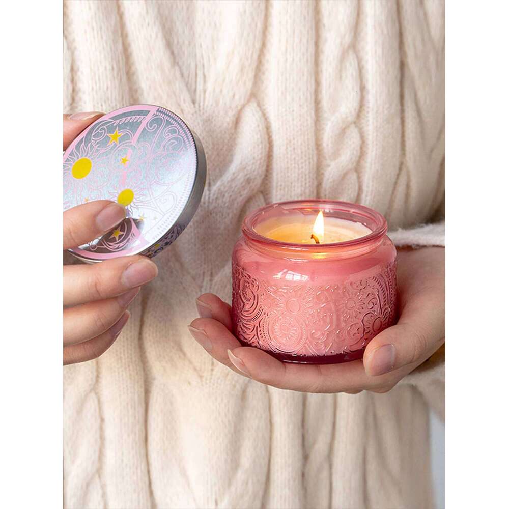 1pc Exquisite Engraved Glass Jar Table Decoration Holder Romantic Scented Wax Candle H260225