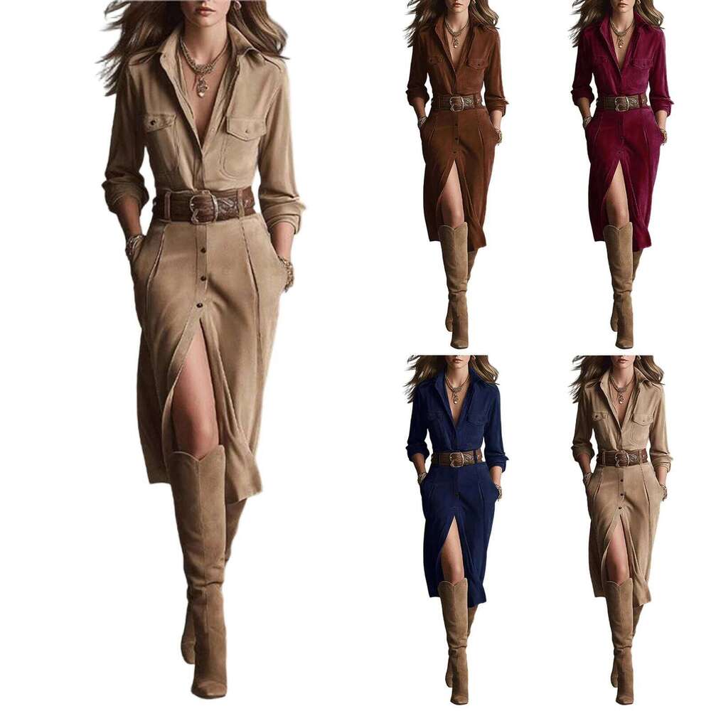 Solid Color Suede Temperament Mid Length Buckled Shirt Collar With Waistband Spring And Autumn Women'S Dress XJ260225