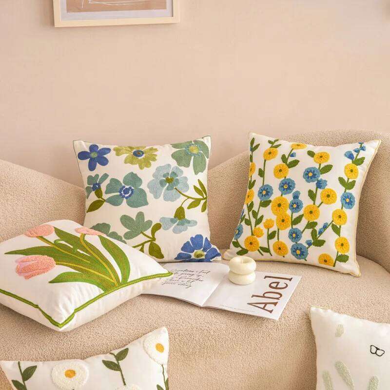 Embroidered Cotton Flower Cushion Cover For Home Sofa Bed Throw Pillowcase Living Room Decorative