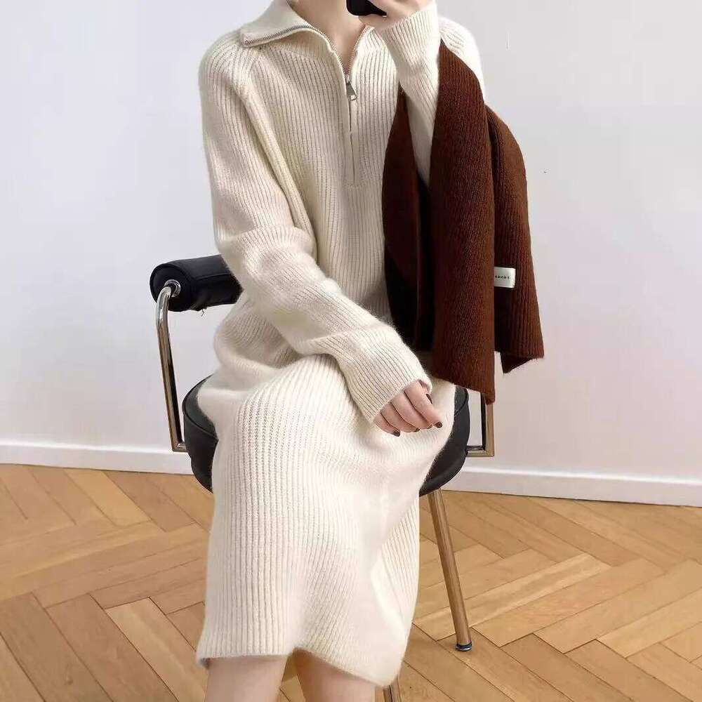 Autumn Winter Women's Zipper Lapel Knitted Dress High Necked Woolen Straight Long Sleeved Bottom Dresses XJ260225