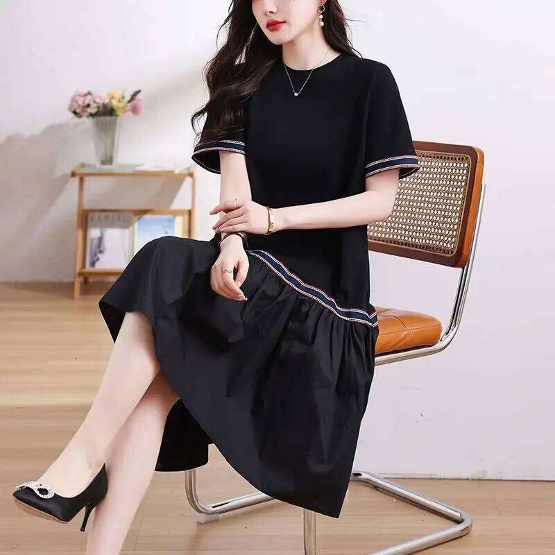 Basic Casual Loose Dresses Stylish Bright Line Decoration Summer Short Sleeve Female Clothing A-Line Korean Spliced Midi Dress XJ260225