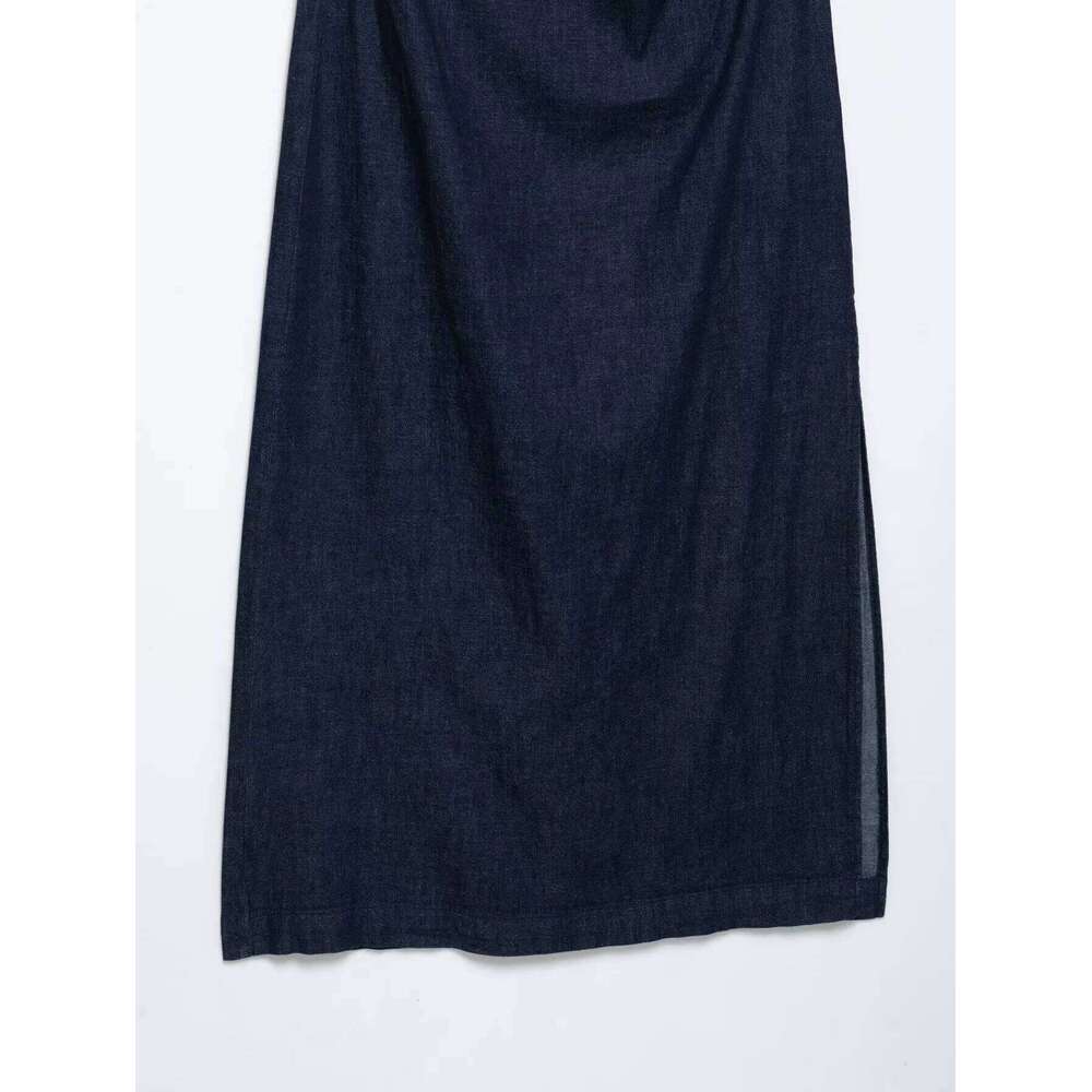 ETJ 2025 summer new women's elegant fashion pleats decorated short sleeve wide round neck slit hem denim dress XJ260225