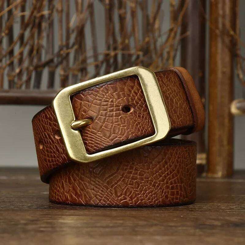 3.8CM Pure Cowhide High Quality Genuine Leather Belts for Men Brand Strap Male Brass Buckle Fancy Vintage Jeans Cowboy Cintos Y260225