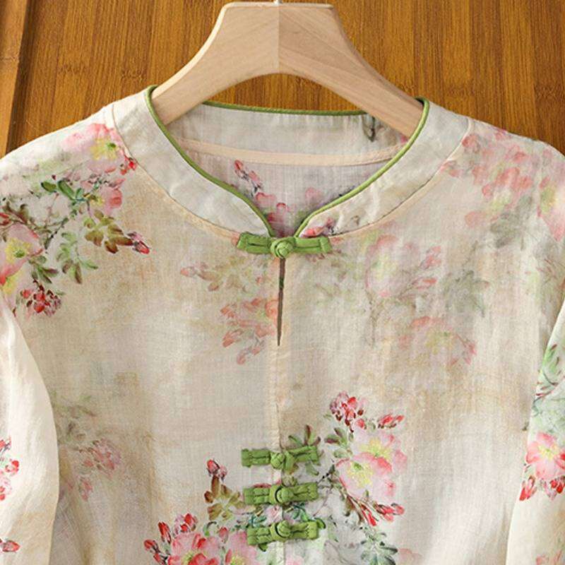 Designer Clothing Ramie Women's Top, Summer New Chinese-Style Improved Shirt, Vintage Stand-Up Collar, Buttoned Pullover, Three-Quarter Sleeve Bl