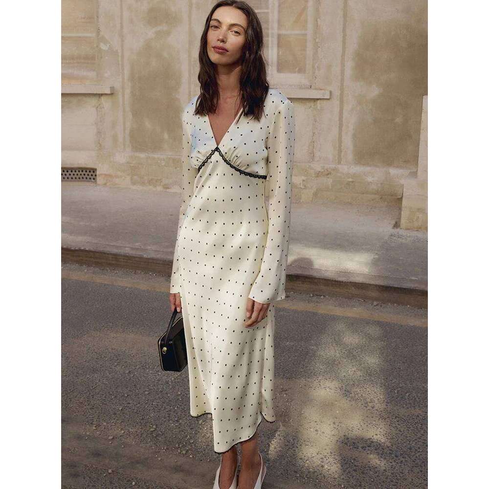 JULISSA MO Sexy V-neck Printed Polka Dot Women Maxi Coffee Long Sleeve Patchwork Lace Dress Autumn Slim Elegant Streetwear XJ260225