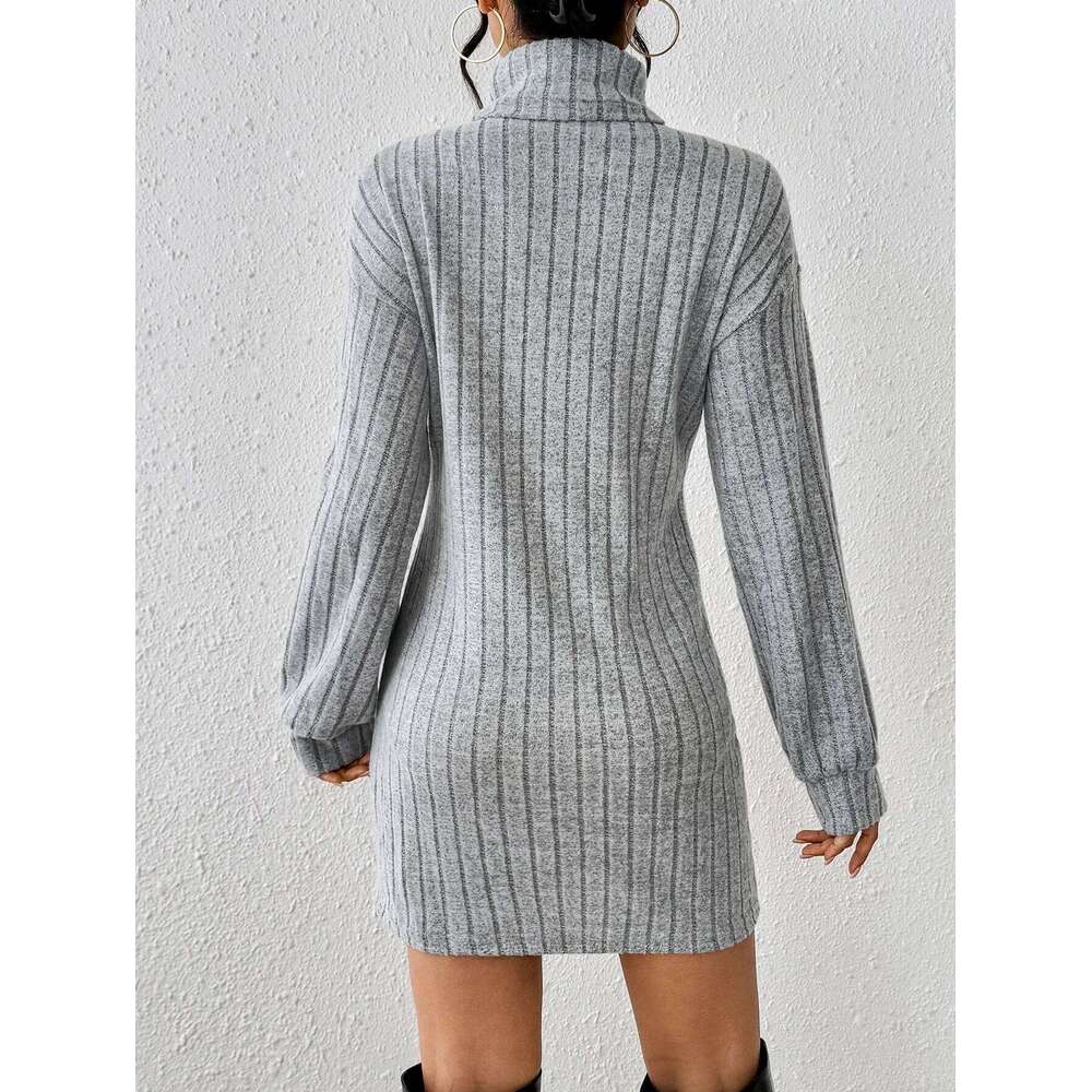 Elegant High Neck Drop Shoulder Ribbed Knit Dress for Commuting Fashionable And Stylish All-in-One XJ260225