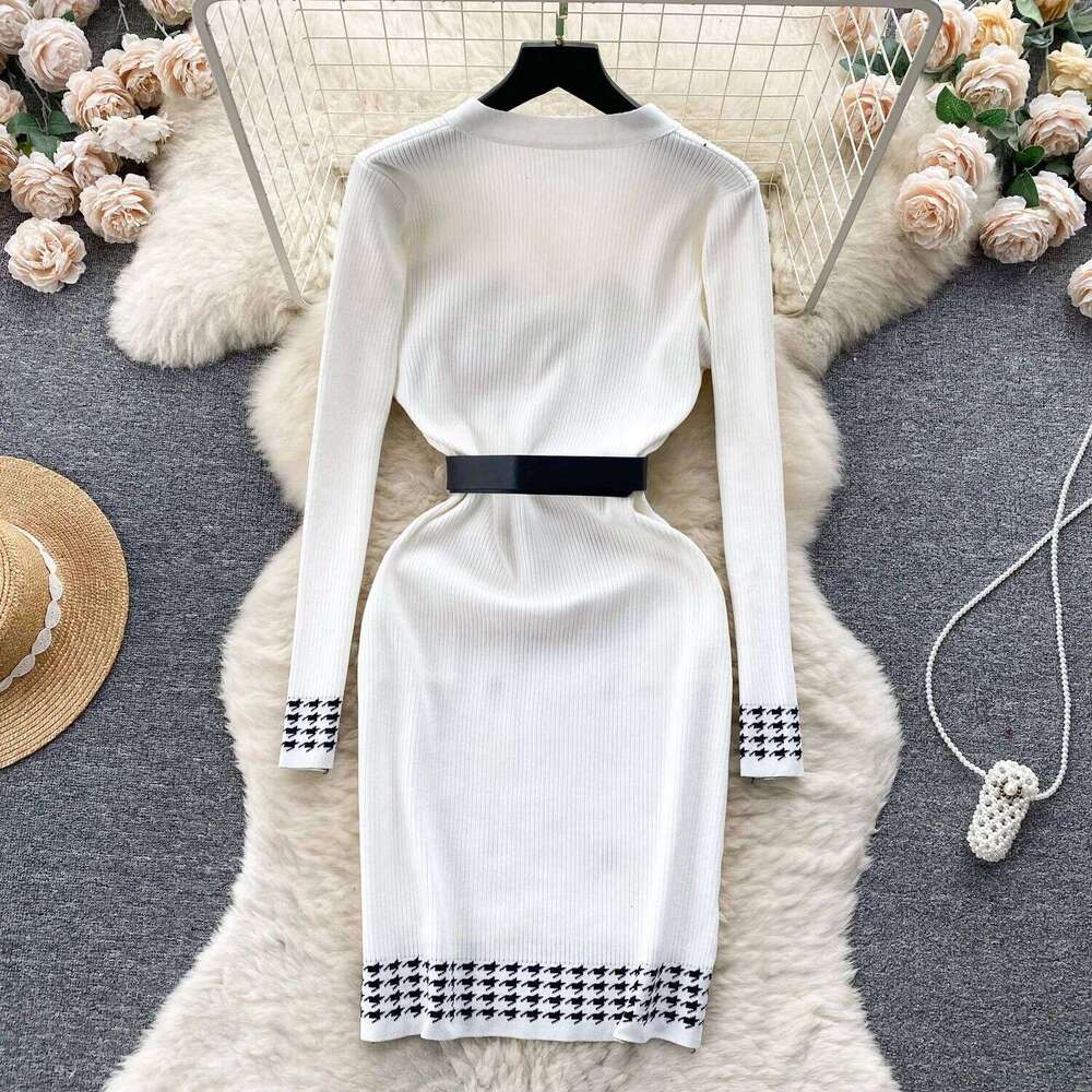 YuooMuoo Lady Brand Letter Buttons Knitted Sweater with Belt Elegant Double-breasted Bodycon Office Dress Party Vestidos XJ260225