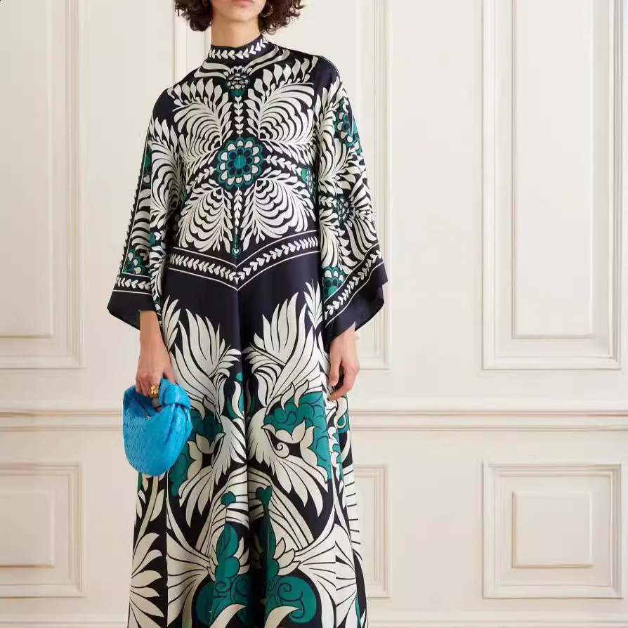 3D Print Spliced Maxi Dress Muslim Women Robes Vintage V Neck Flare Long Sleeve Summer Ladies Elegant Party Casual Dresses 240808