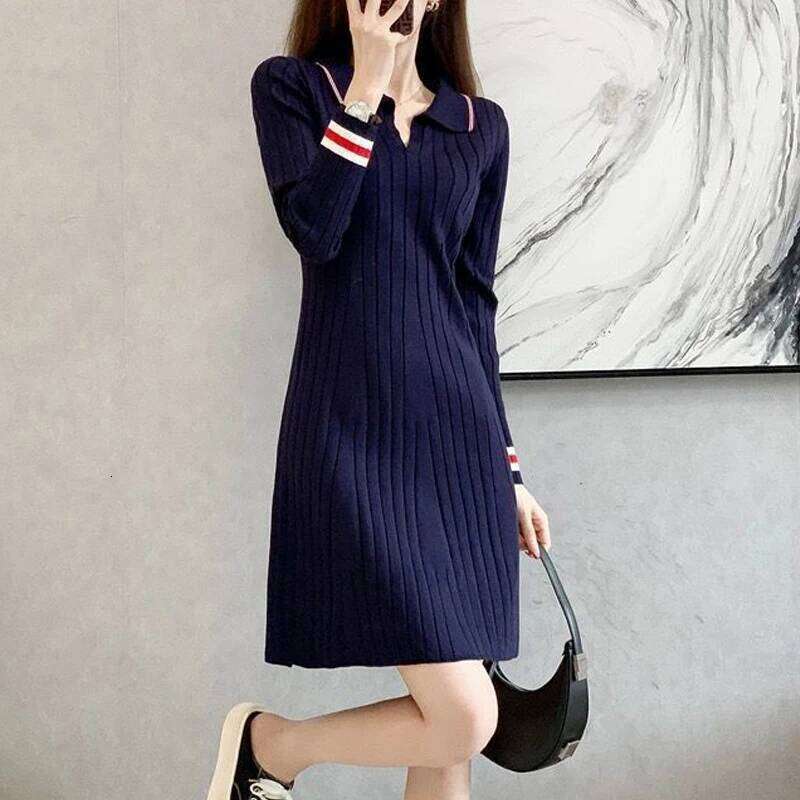 Korean Fashion Striped Patchwork Elegant Chic Knitted Dresses for Women Casual Polo Collar Long Sleeve Slim Mini Dress Vestidos XJ260225