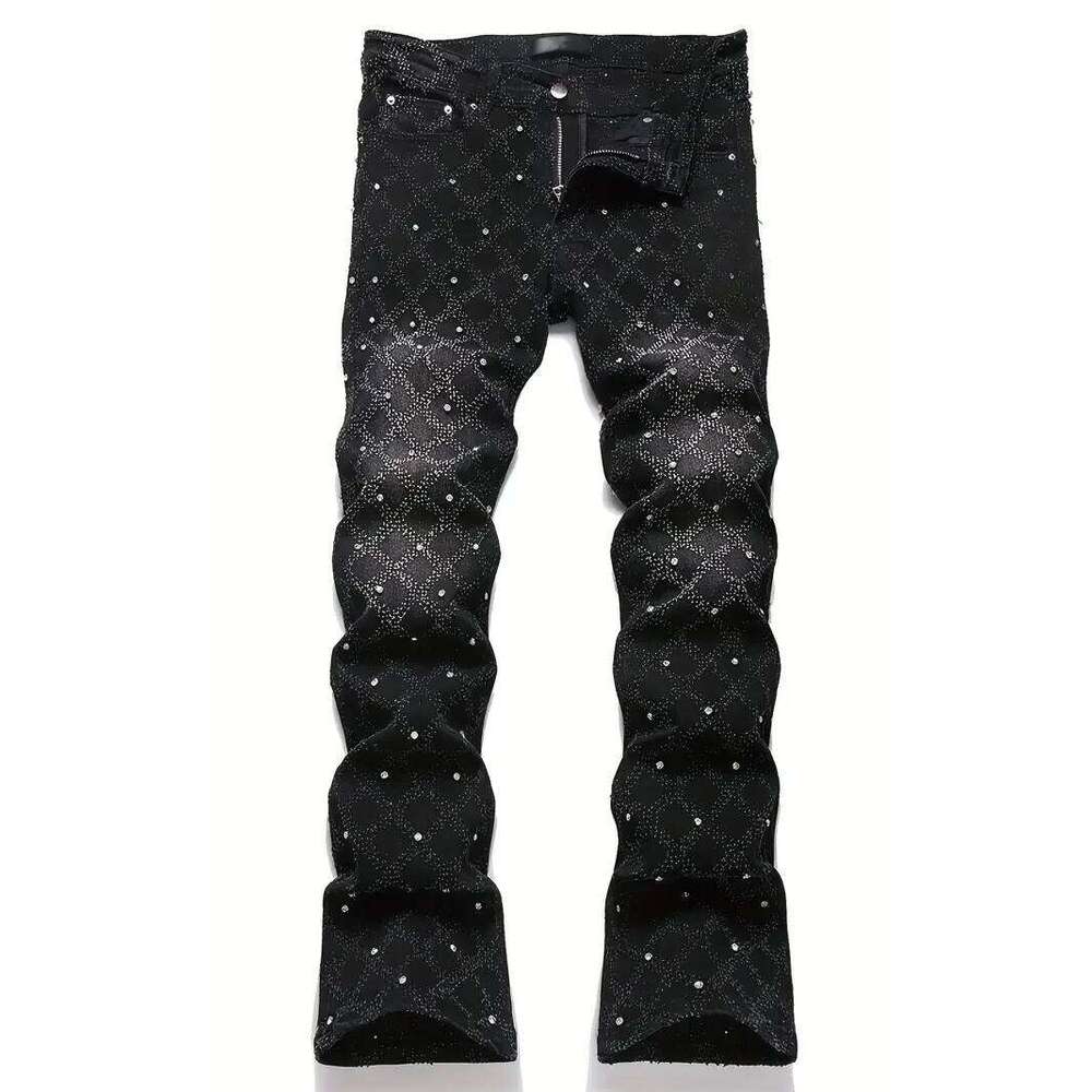 Men's Nail-Studded Shiny Stretch Straight-Leg Jeans Street Style Hip-Hop Skateboard Rap Party Dance Pants Suitable for All Seasons Q260225