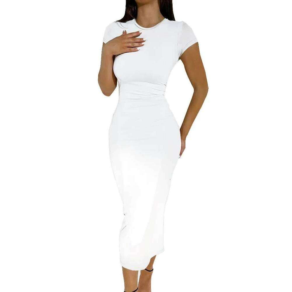 Summer slim fit elastic black and white round neck short sleeved T-shirt long dress women's clothing XJ260225