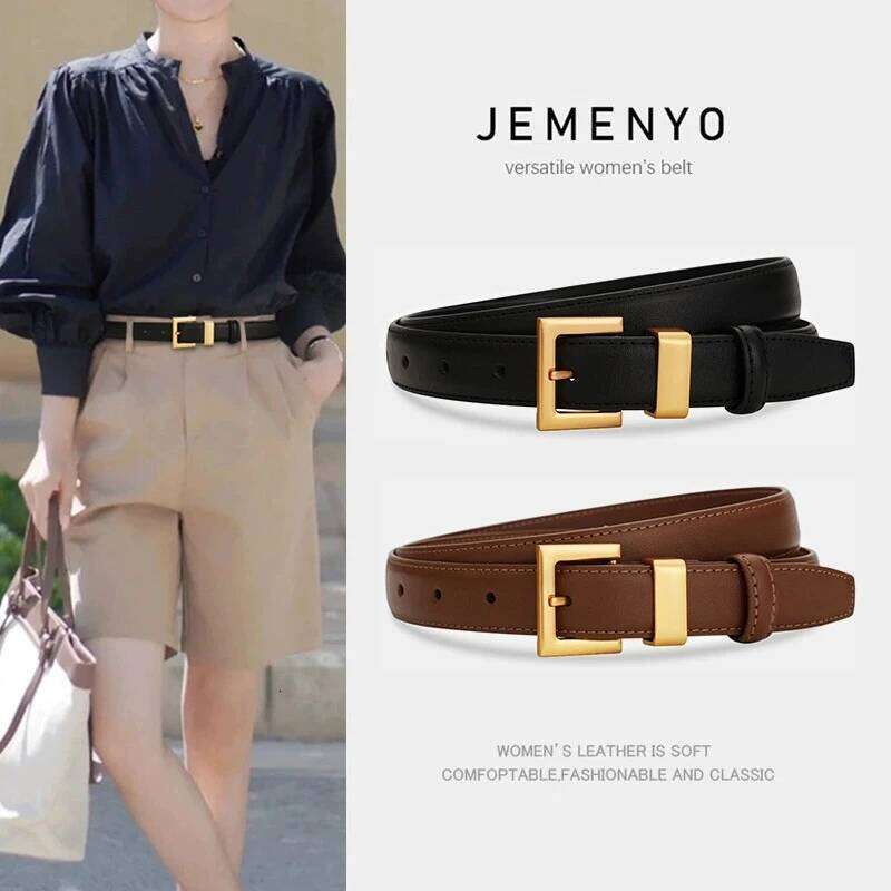 Ladies leather cowhide versatile decoration for suit waist belt; retro simple high-end black ins style denim belt. Y260225