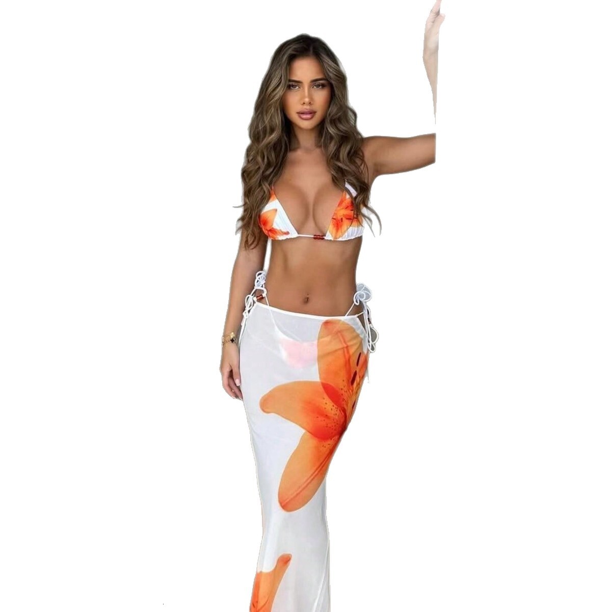 2026 new bikini seaside long wrap skirt sexy bikini three-piece printed swimsuit for women