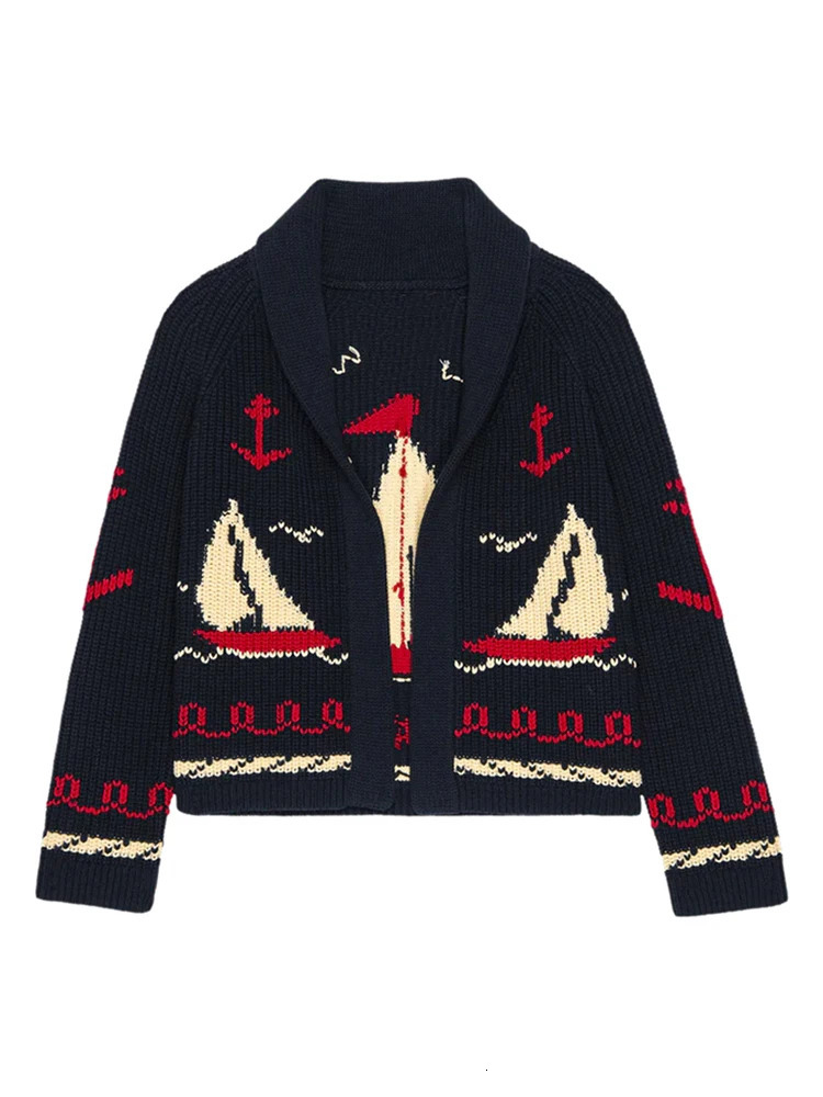 Fashion Knitted Sailboat Jacquard Sweater For Women Spring Turn Down Collar Cardigan Female Street Chic Tops 260126