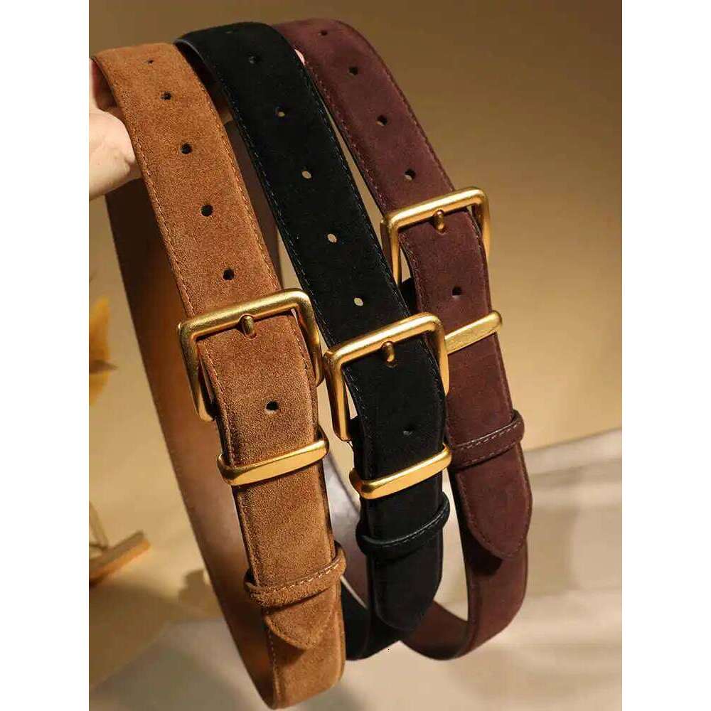 Women Luxury Suede Cowhide Belt 3.3cm Wide Waistband for Dresses & Jeans Vintage Style with Gold Buckle Y260225