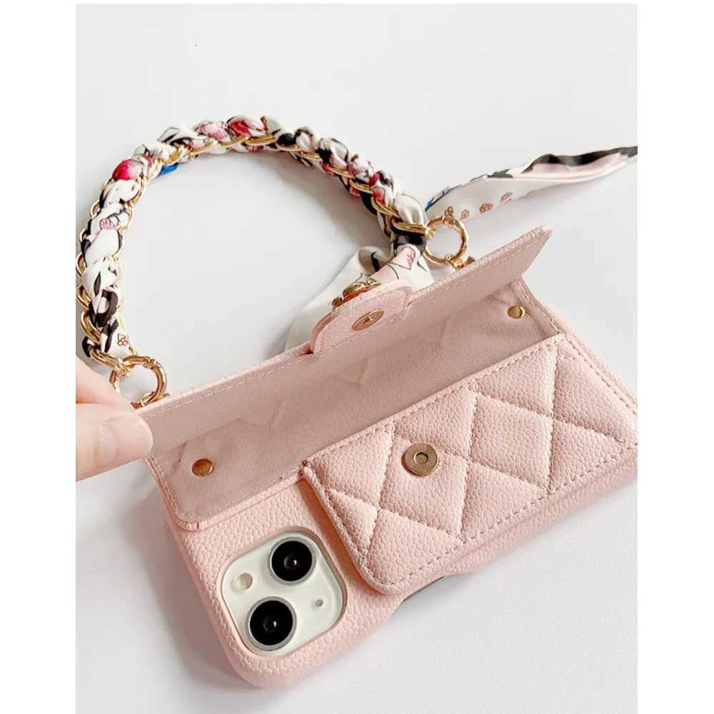 Luxury Quilted Camellia Leather Phone Case | Card Holder with Scarf Chain Strap for iPhone 1417 SeriesT260225