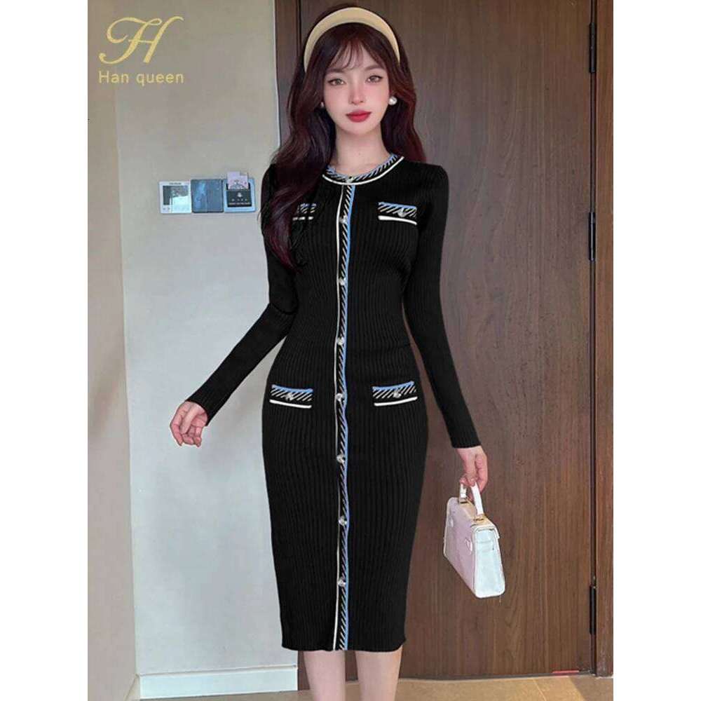 Simple Office Women's O-Neck Bodycon Sexy Sheath Pencil Dresses Autumn Casual Sweater Knitted Dress XJ260225
