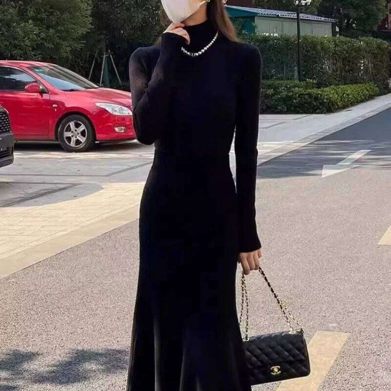 Autumn Winter New Fashion High Collar Long Sleeve Solid Women's Clothing Slim Korean All-match Temperament Knitting Chic Dresses XJ260225