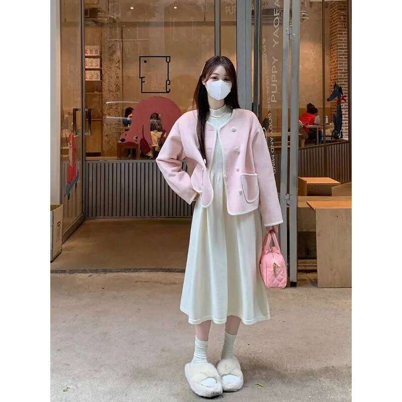 Gentle Long-sleeved Half-high Collar Knitted Dress Women New Autumn Long Skirt XJ260225