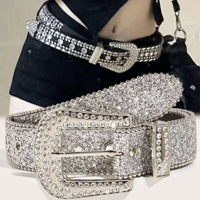 Y2K Women Fashion Solid Print Studded Full Rhinestone Belt PU Leather Bling Crystal Adjustable Glitter Waistband for Club Party Y260225