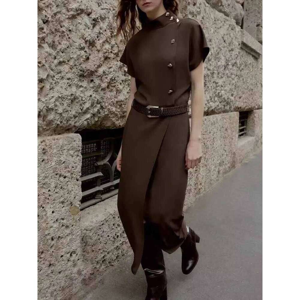 European and American style winter new women's fashion trendy simple stand-up collar short-sleeved midi dress with belt XJ260225