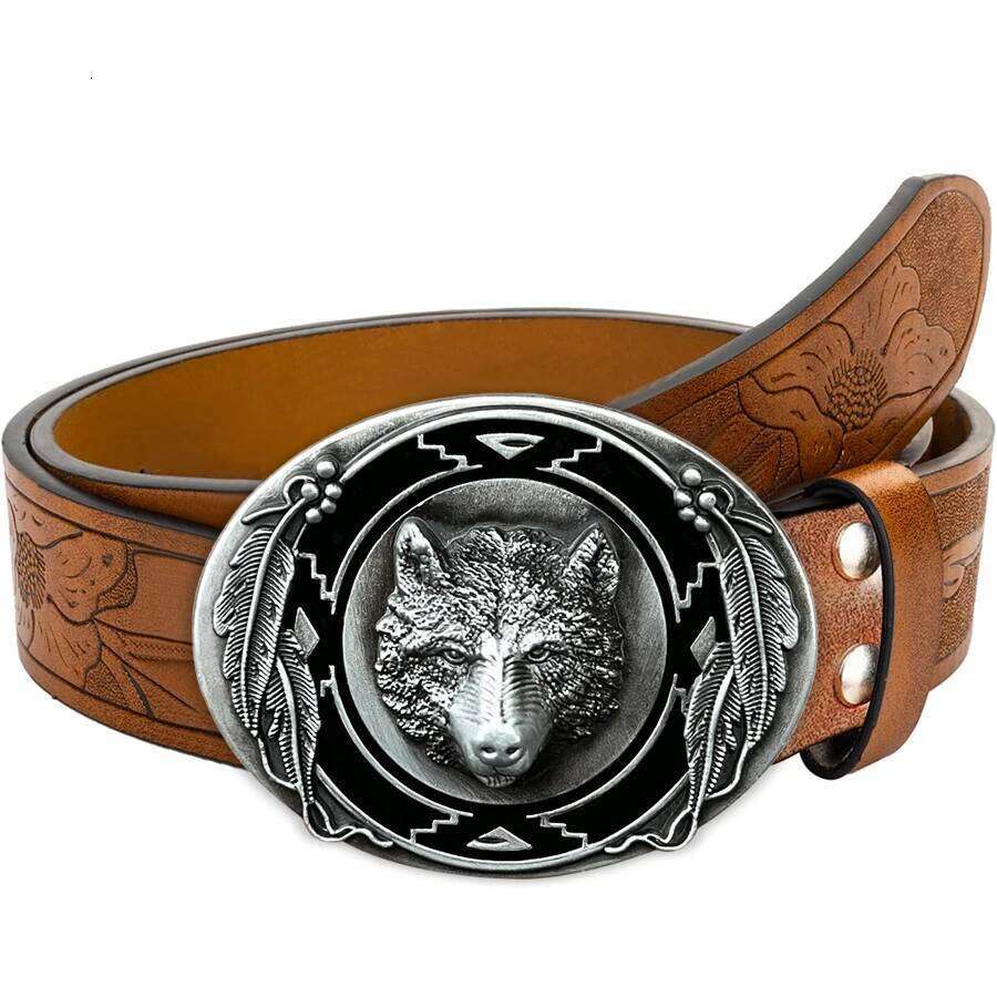 1pc men's Western style belt, wolf head, carved floral patterns and long horn decorations, retro style, great Valentine's Day gi Y260225