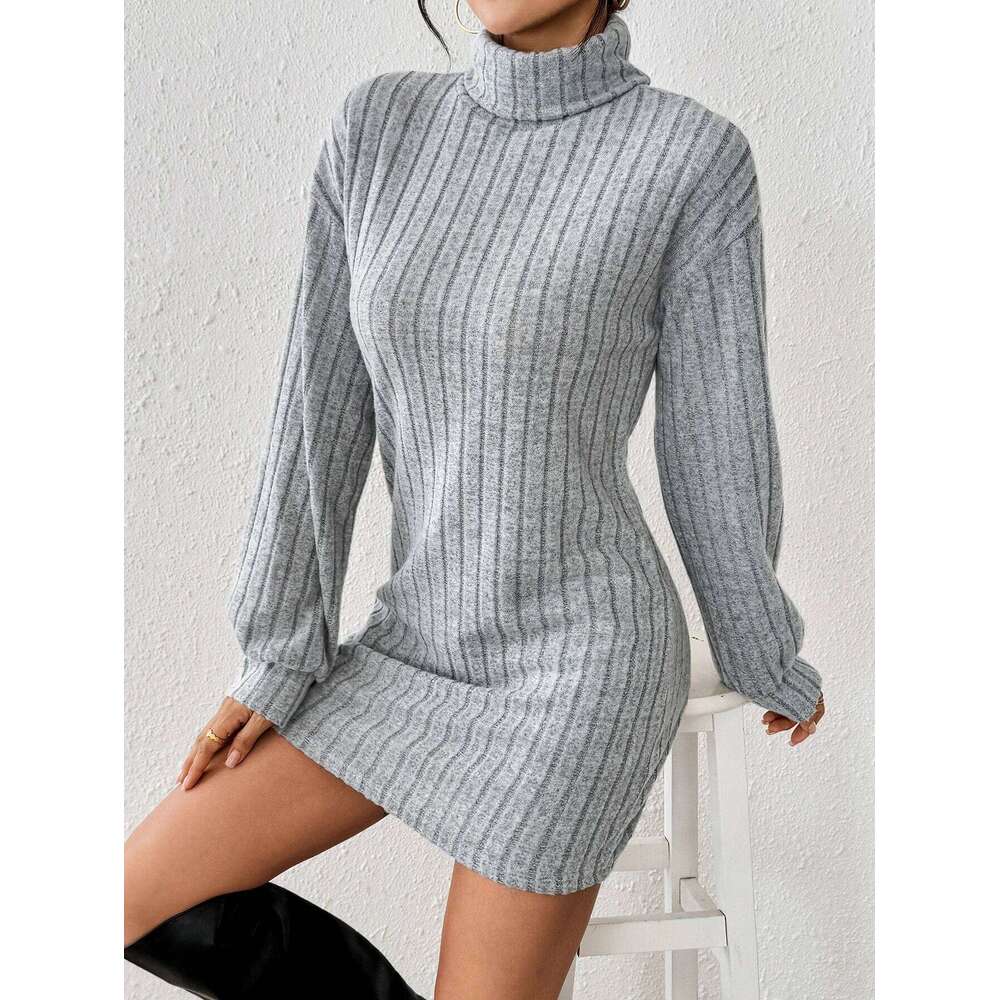 Elegant High Neck Drop Shoulder Ribbed Knit Dress for Commuting Fashionable And Stylish All-in-One XJ260225
