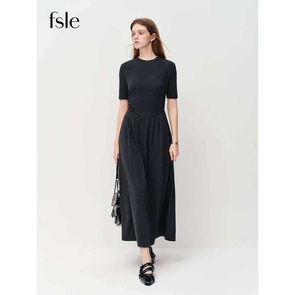 FSLE 2026 Spring Women's Pleated A-Line Long Dark Grey High Waist-Cinching Office Shift Loose Fit Maxi Dress Casual XJ260225