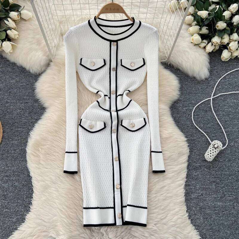 YuooMuoo Women 2024 New Autumn Winter O-neck Brand Buttons Knitted Sweater Dress Lady Bodycon Mini Party Vestidos Outfits XJ260225