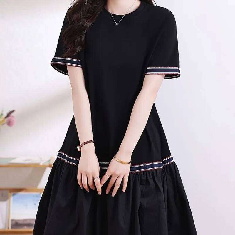 Basic Casual Loose Dresses Stylish Bright Line Decoration Summer Short Sleeve Female Clothing A-Line Korean Spliced Midi Dress XJ260225