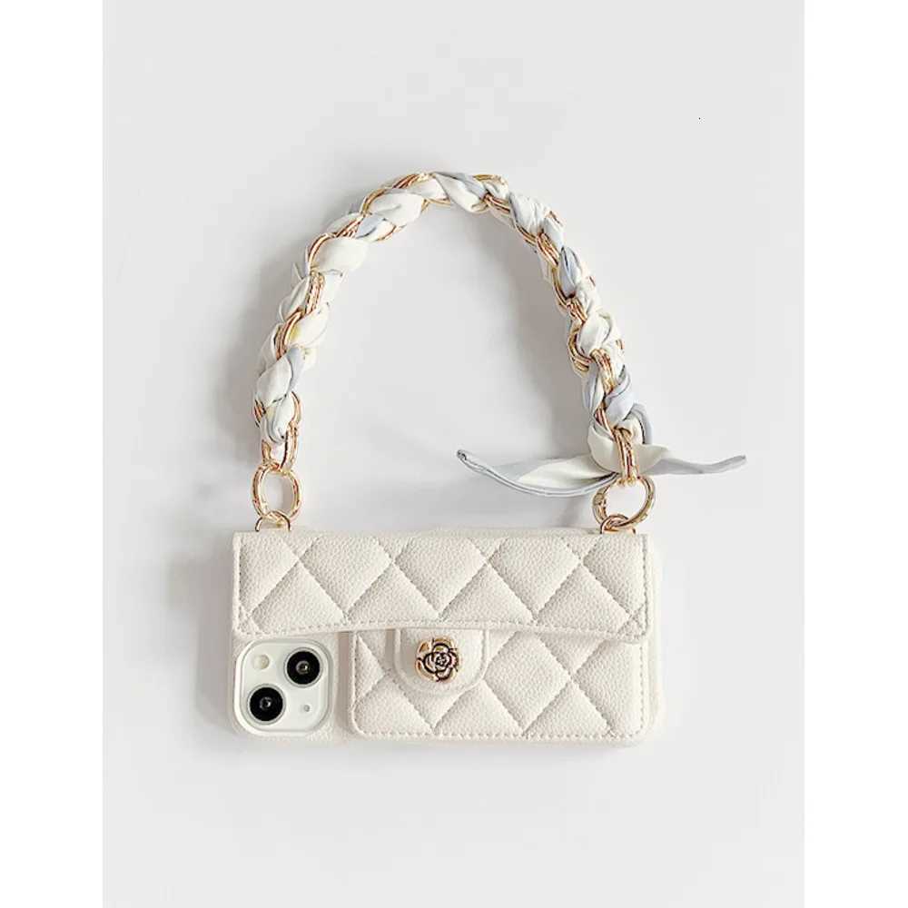 Luxury Quilted Camellia Leather Phone Case | Card Holder with Scarf Chain Strap for iPhone 1417 SeriesT260225