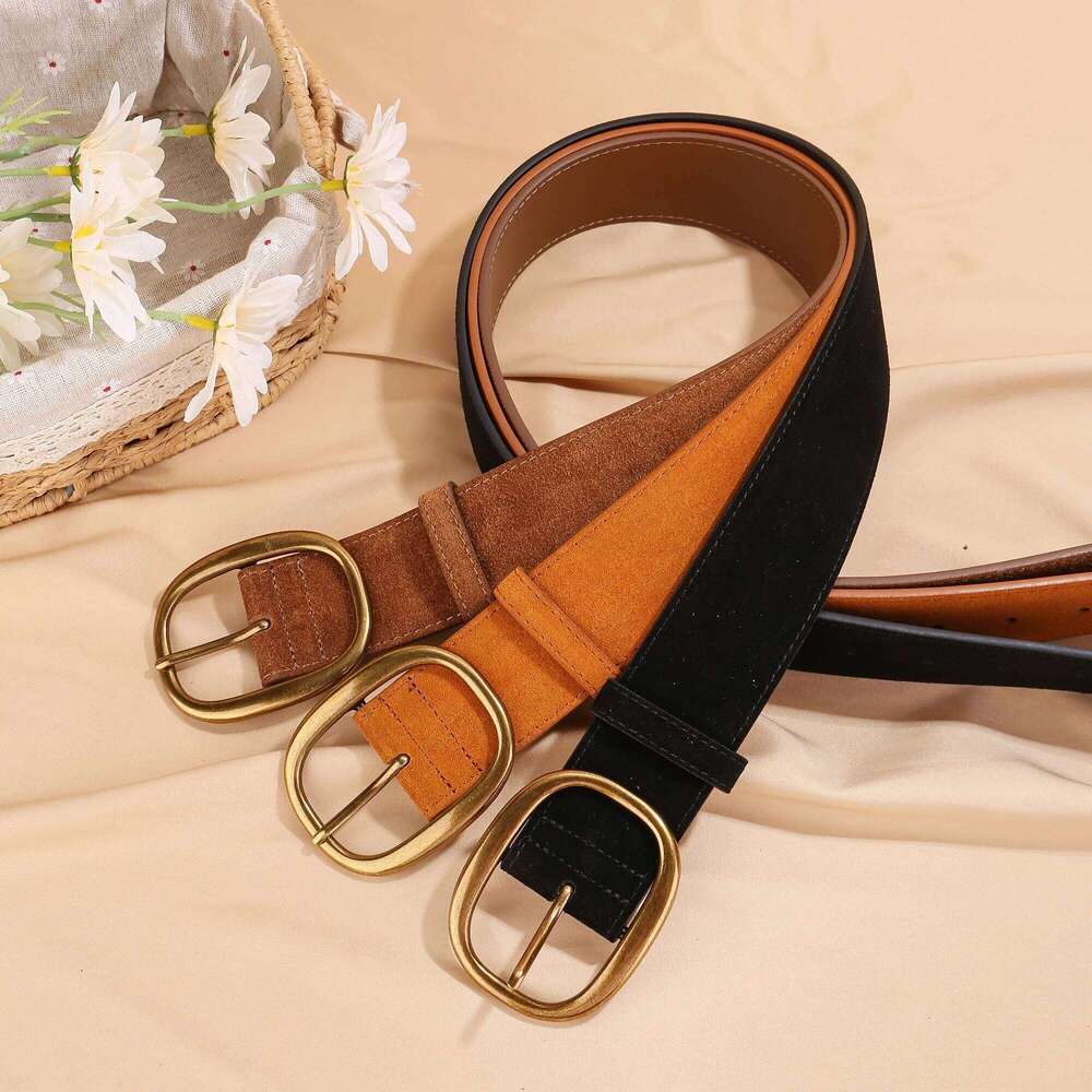Trendy 45mm Wide Women Genuine Leather Classic Gold Buckle Skinny Waistband Vintage Suede Cowhide Belt for Dresses & Coat Y260225