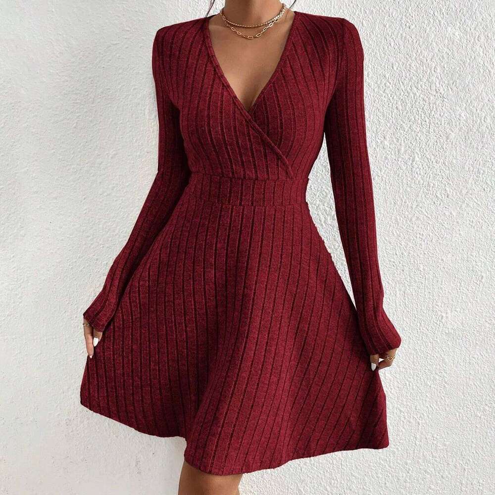 Ladies' autumn and winter sexy Bodycon sweater mini skirt Slim V-neck long-sleeved knitted dress XJ260225