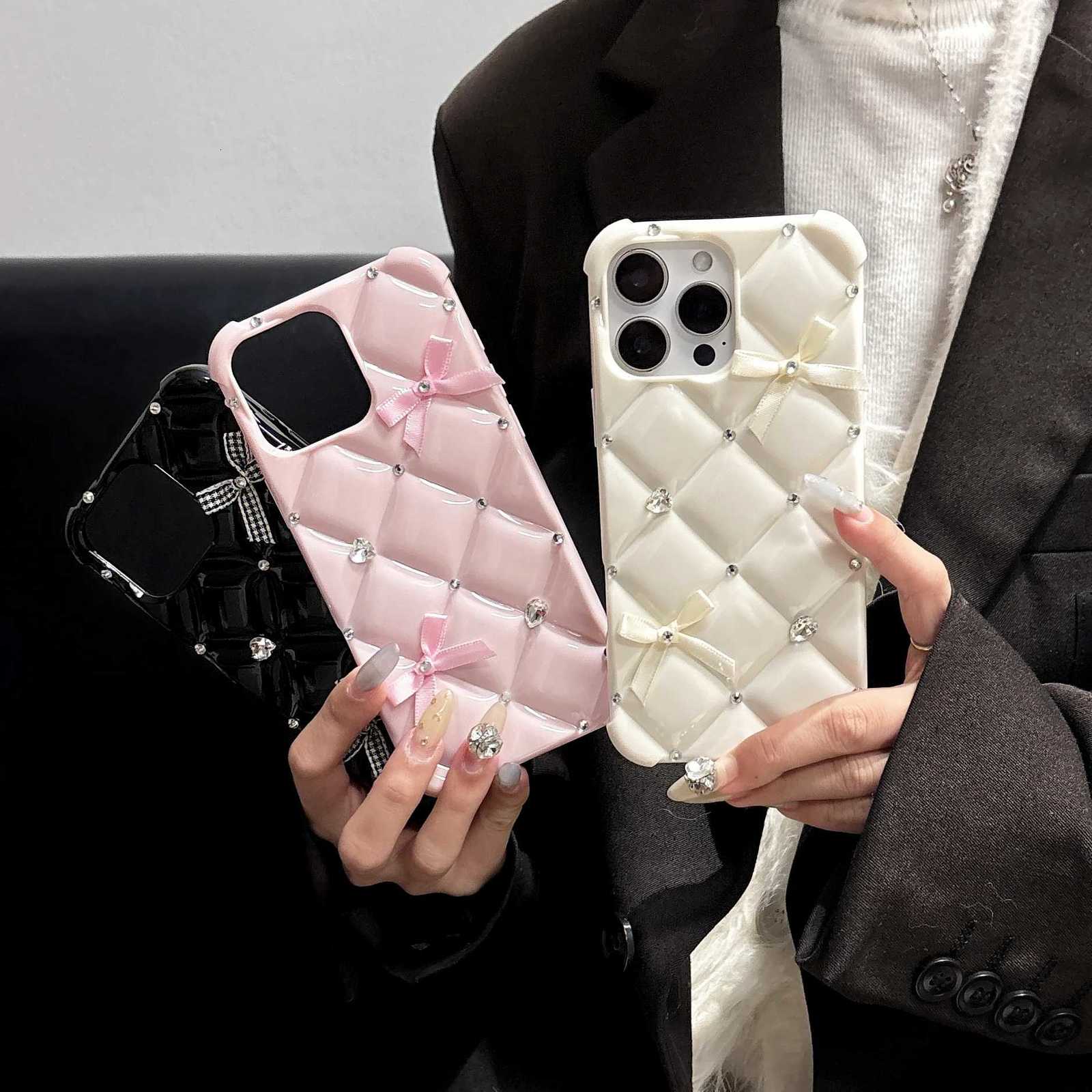 3D Grid Soft TPU Phone Case | Cute Bowknot Bling Diamond Shockproof Cover for iPhone 11-16 SeriesT260225