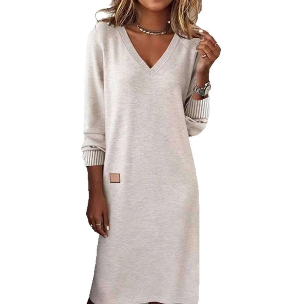 Women Daily Life Lady V Neck Long Sleeve Solid Color Casual Style Female Leisure Loose Fitting Elastic Cozy Dress XJ260225