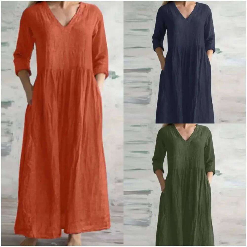 Cotton Linen Loose Long Dresses For Women 2024 Spring Autumn New Casual Half Sleeves V-neck Maxi Dress Simple Style Lady Vestido XJ260225