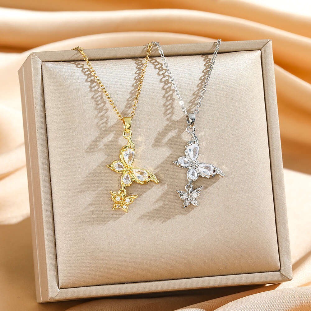 Light Luxury Double Butterfly Titanium Steel Necklace For Women Cross-border Full Diamond Inlaid Zircon Chain