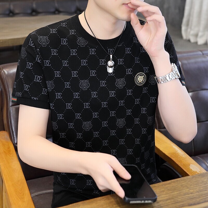 Luxury Brand Designer Clothes Summer Casual Men's Short-Sleeve Shirt, Round Neck, Pure Cotton, Slim Fit, Trendy Half-Sleeve Top, Men's Cloth